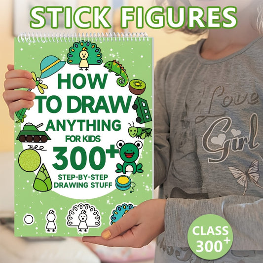 1pc Green Stick Figure Drawing Book for Youngsters - 300+ Step-by-Step Art & Education Toy, Learning Painting Supplies with Cartoon Dinosaur & Frog Designs, Perfect for Creative Writing & Coloring, Youngsters Drawing Book | Playful Design | Spiralbound Bo