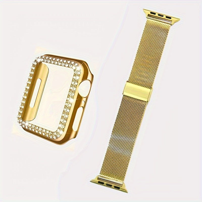 Dial Milan + Diamond Shell Golden Black Rose Golden Breathable Stainless Steel Braided Mesh Metal Strap Adjustable Suitable for iWatch series se s9 8 7 6 5 4 3 2 1 Series 2pcs Combination High-end Luxury Anti-collision Anti-scratch PC Hard Material Inlaid