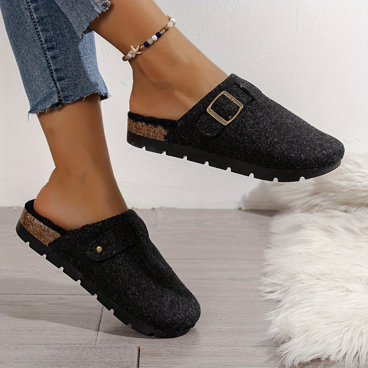 [Comfortable Fleece Slippers] Warm Fleece-Lined Slippers | Autumn and Winter Women's Fashion Casual Comfortable, Slip-on Thick Sole Half-Covered Heel Slides