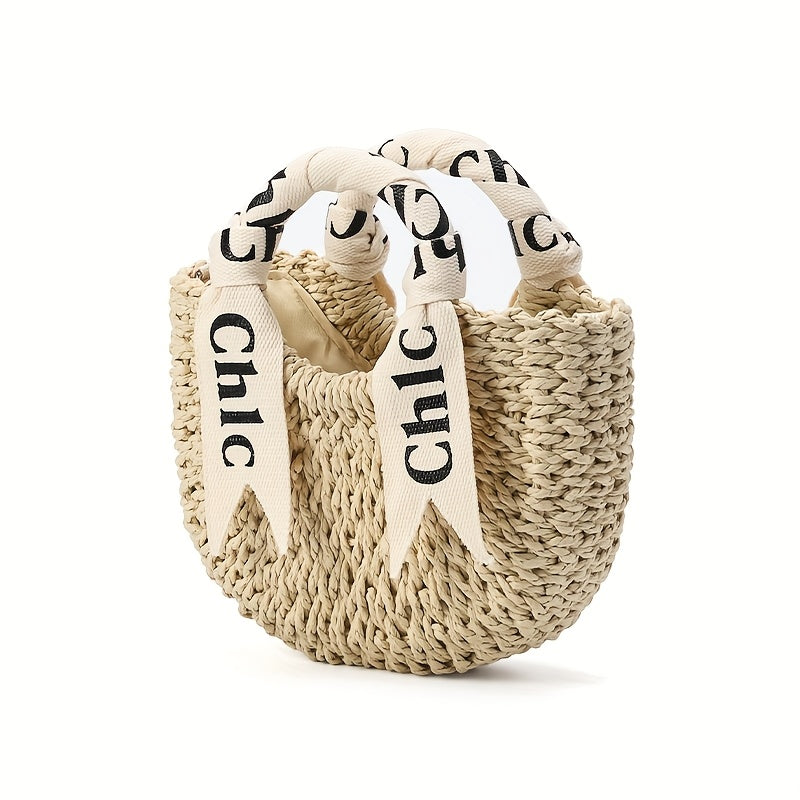 [Elegant Handbag] Elegant Straw Weaving Handbag | Simple and Stylish Women's Shoulder Bag Summer Beach Bag, Semi-Circular with Drawstring Closure, Casual Beach Tote