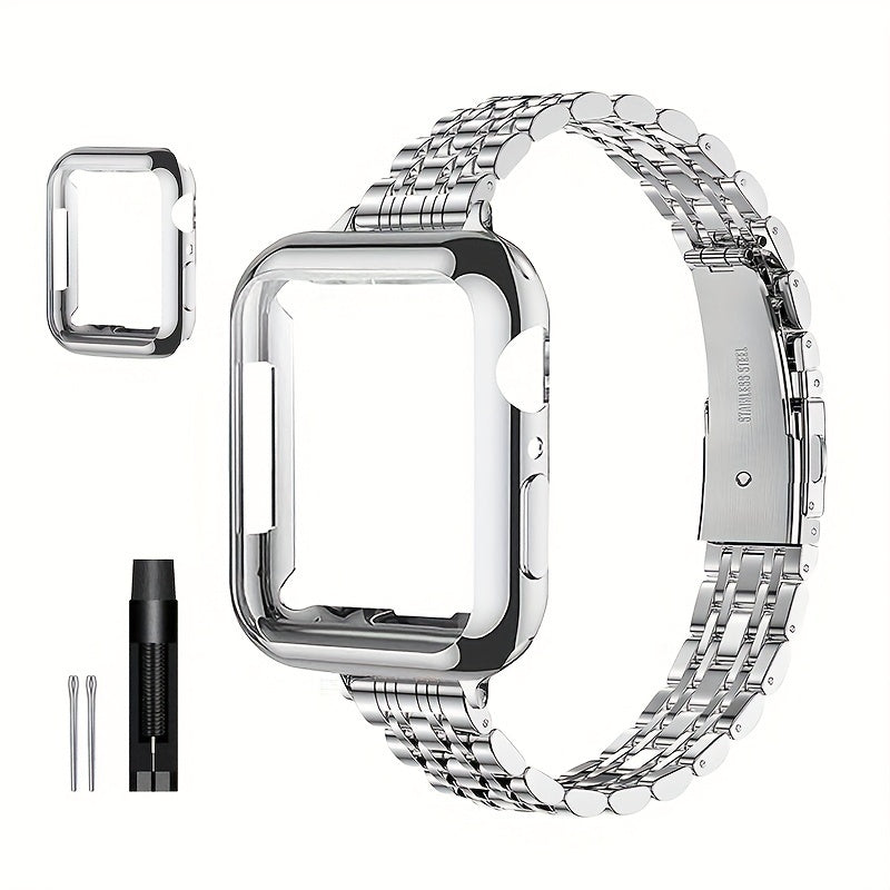 [Elegant Watch Band] Gold-Plated Stainless Steel 1pc Watch Band | Foldover Clasp and Protective Case for Apple Watch, Compatible with iWatch Series 1-9/SE/SE2, Elegant Women's Wristband Accessory