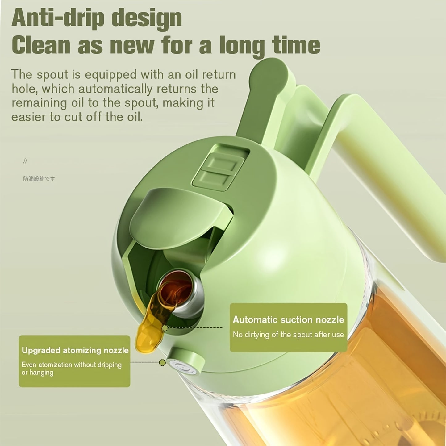16oz Olive Green Glass Olive Oil Dispenser - 2-in-1 Oil Bottle and Cooking Sprayer with Auto Flip Cap and Label Stickers (Light Blocking)