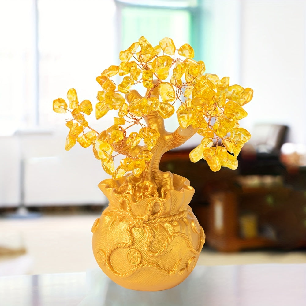 1pc Handcrafted Golden Crystal Money Tree in Intricate Pot - Prosperity & Wealth Attracting Decor, No Power Needed, Freestanding with Detailed Leaves for Home & Office