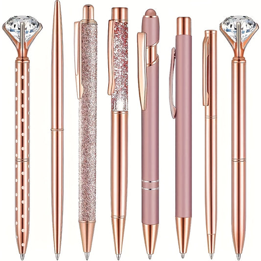 8pcs, 8pcs Rose Golden Metal Pen Set - Fashionable Metal Pens with Crystal Color Decoration - Perfect for Students, Office, Gifts and Weddings
