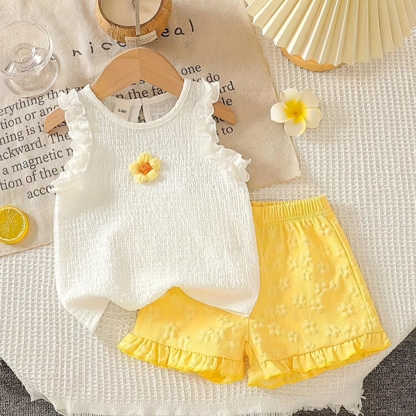 [2pcs Summer Set] 2pcs New Summer Cute Floral Lace Flower Tank Top and Shorts Set for Baby Girls P101596
