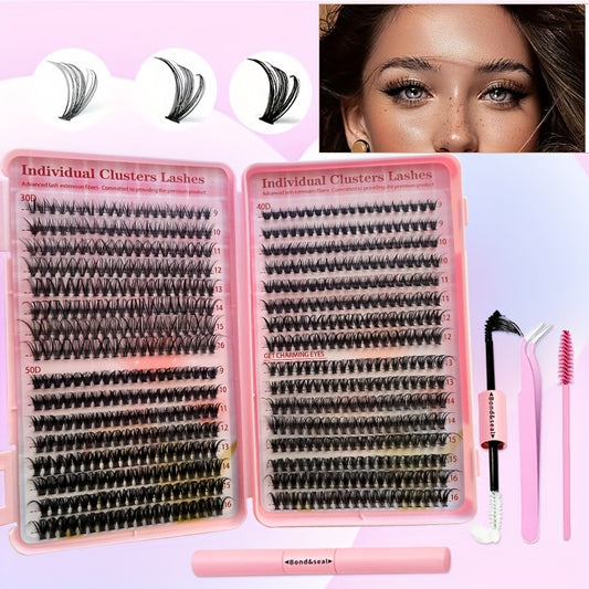 [DIY Lash Kit] 640/280pcs Extra Thick 30D40D50D DIY Lash Clusters Eyelash Extension Kit | 9-16mm Mixed Length Lashes, D Curl, Wispy Manga Lashes Look