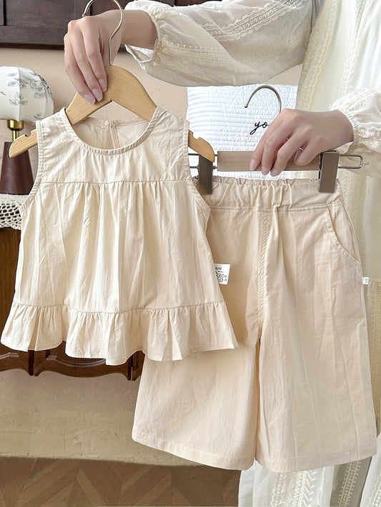 Zidan Selection + 2pcs Wide Shoulder Dress and Shorts Set for Girls, Summer Lightweight Solid Color with Ruffle Details, Elegant Regular Fit, Non-Stretch Fabric, Perfect for Outdoor