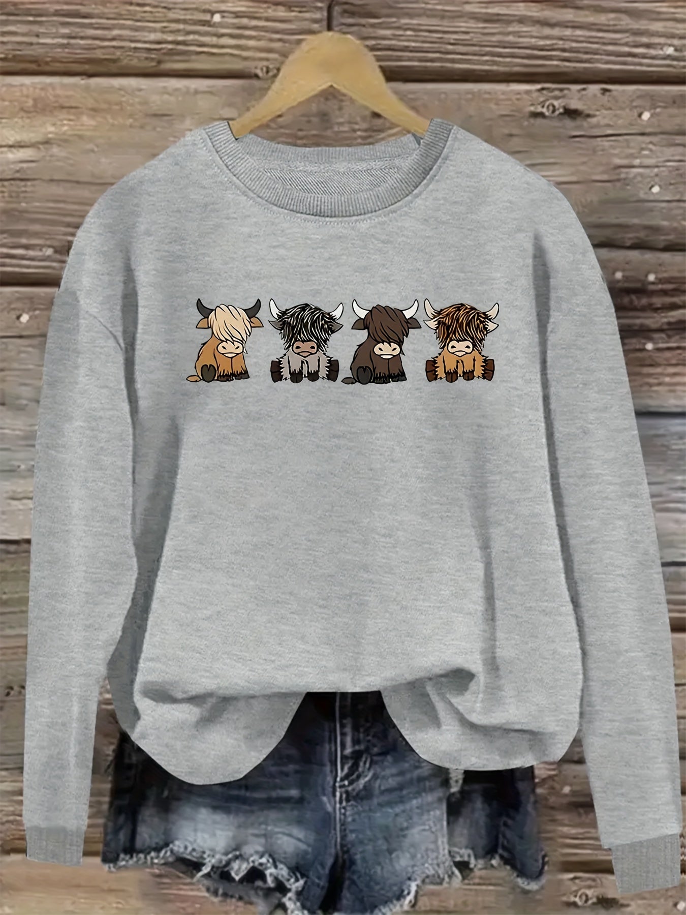 Women's Casual Long Sleeve Round Neck Sweatshirt - Cute Cartoon Cow Print Pullover, Cozy Beige Fall Winter Top, Machine Washable Regular Fit, Autumn Apparel, Comfortable Wear