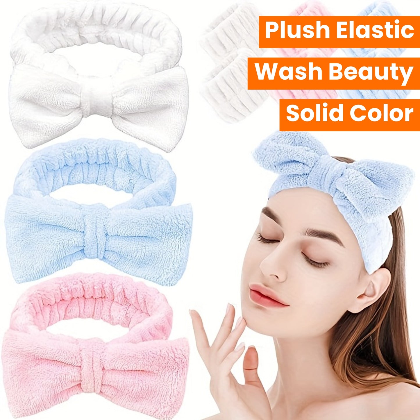 Solid Color Butterfly End Headband Wristband Set Women's Wash Beauty Makeup Headband Wrist Flannel Hair Accessories Headwear Face Wash Headband Wrist Set Plush Elastic Headband Ladies Accessories Set