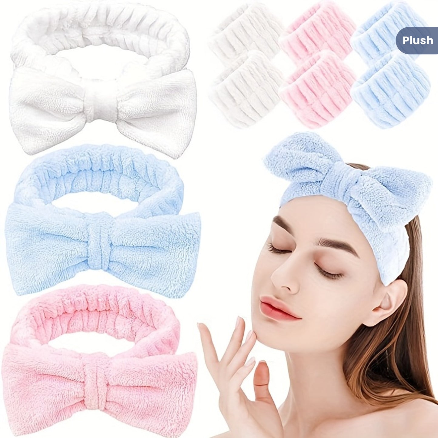 Solid Color Butterfly End Headband Wristband Set Women's Wash Beauty Makeup Headband Wrist Flannel Hair Accessories Headwear Face Wash Headband Wrist Set Plush Elastic Headband Ladies Accessories Set