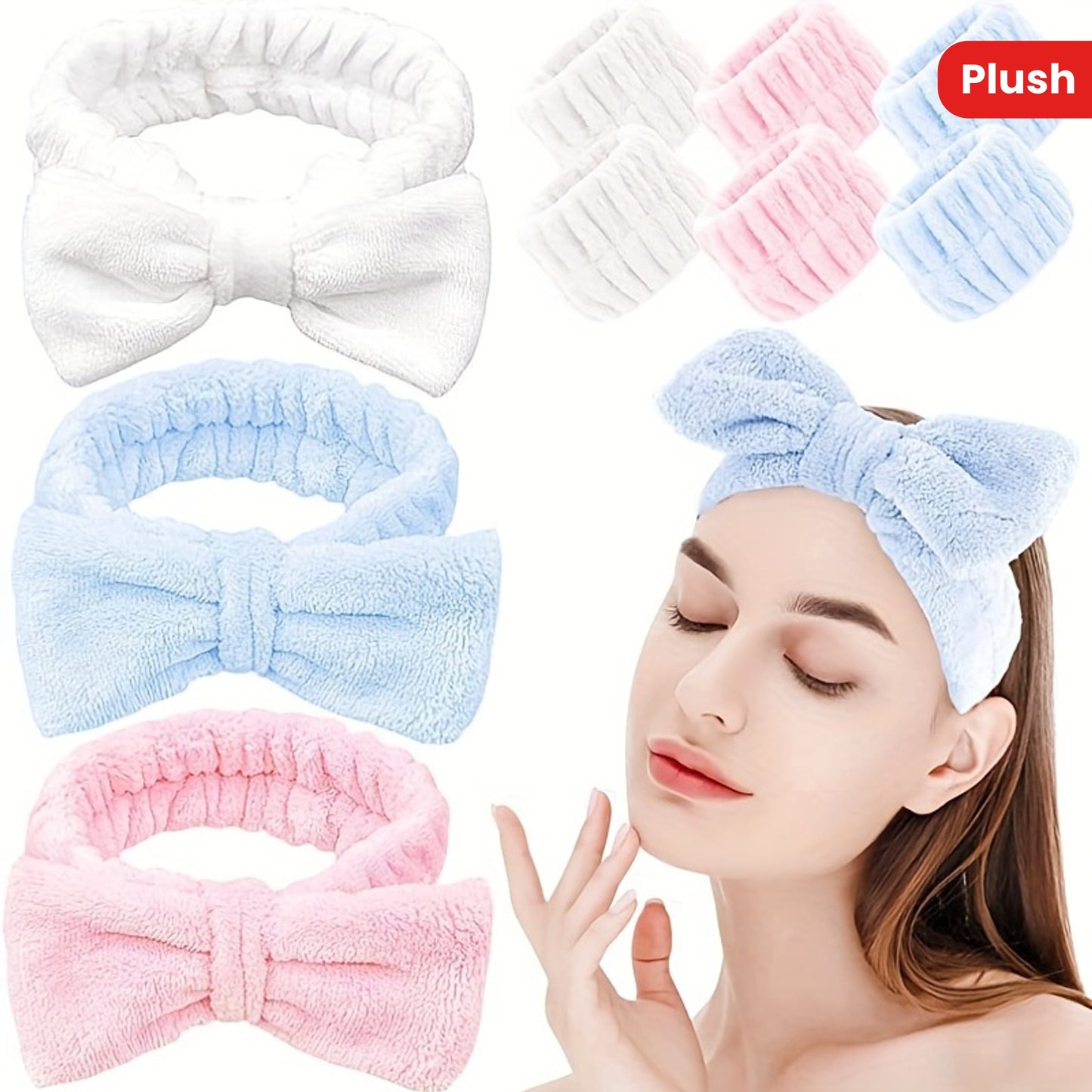 Solid Color Butterfly End Headband Wristband Set Women's Wash Beauty Makeup Headband Wrist Flannel Hair Accessories Headwear Face Wash Headband Wrist Set Plush Elastic Headband Ladies Accessories Set