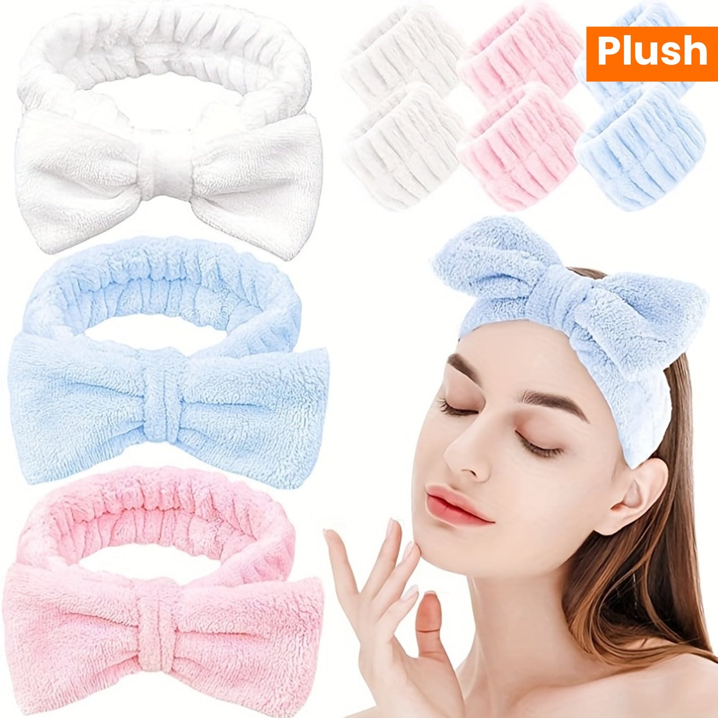 Solid Color Butterfly End Headband Wristband Set Women's Wash Beauty Makeup Headband Wrist Flannel Hair Accessories Headwear Face Wash Headband Wrist Set Plush Elastic Headband Ladies Accessories Set