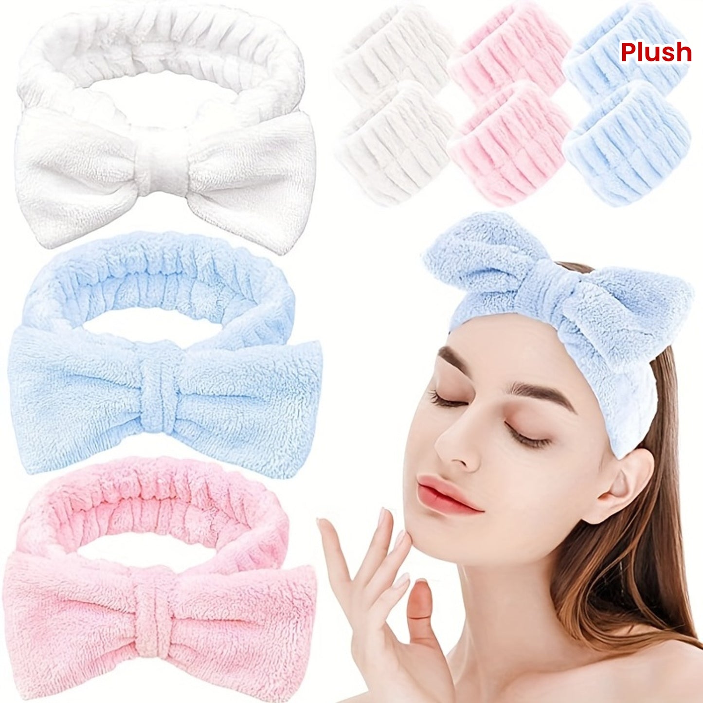 Solid Color Butterfly End Headband Wristband Set Women's Wash Beauty Makeup Headband Wrist Flannel Hair Accessories Headwear Face Wash Headband Wrist Set Plush Elastic Headband Ladies Accessories Set