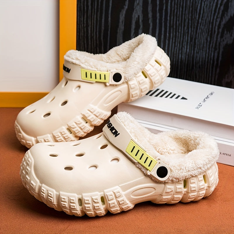 Unisex Winter Fleece-Lined Slip-On Clogs with Removable Plush Inner Lining, Non-Slip EVA Sole & Thick Insulation for Snow & Cold Weather - Beige Casual Shoes for Men and Women, Winter Shoes, Outdoor Footwear, Unique Tread Pattern, Durable Grip Footwear
