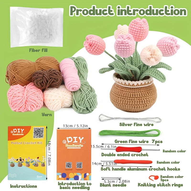 Tulip Crochet Kit Including 6 Colors of Yarn,2 X Crochet Hook,5 X Stitch Markers,1X Instructions,1 X Blunt Head Large Eye Needle,1 X Filled,7 X Iron Wires,1Xbundle of Fine Silver Wire, DIY Knitting Crochet