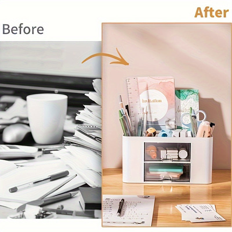 1pc Multi-Functional Plastic 5 Compartments Desk Organizer with 2 Drawers - Office Supply Caddy, Portable Desktop Storage for Stationery, Pens, Pencils, Art Supplies