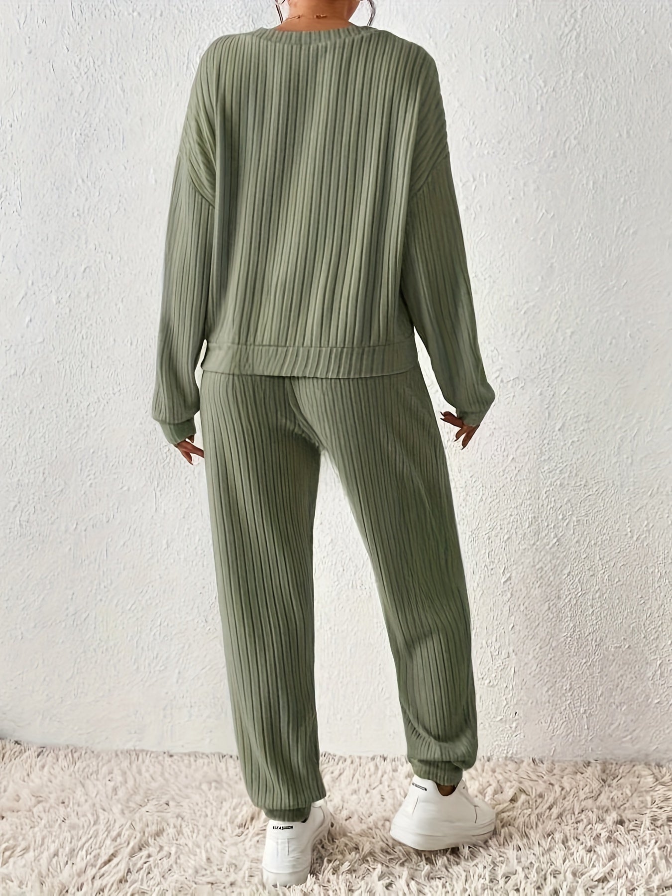 Stylish Solid Color Casual Long Sleeve Pantsuit for Women - V-Neck Ribbed Knit Top and Joggers Set, Perfect for Fall/Winter