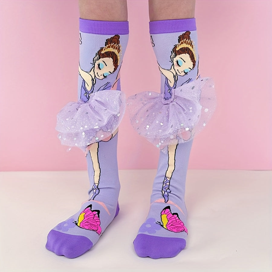 A pair of cartoon purple ballet girl knee-high socks, suitable for daily wear, vacation wear, party wear, suitable for holiday gifts