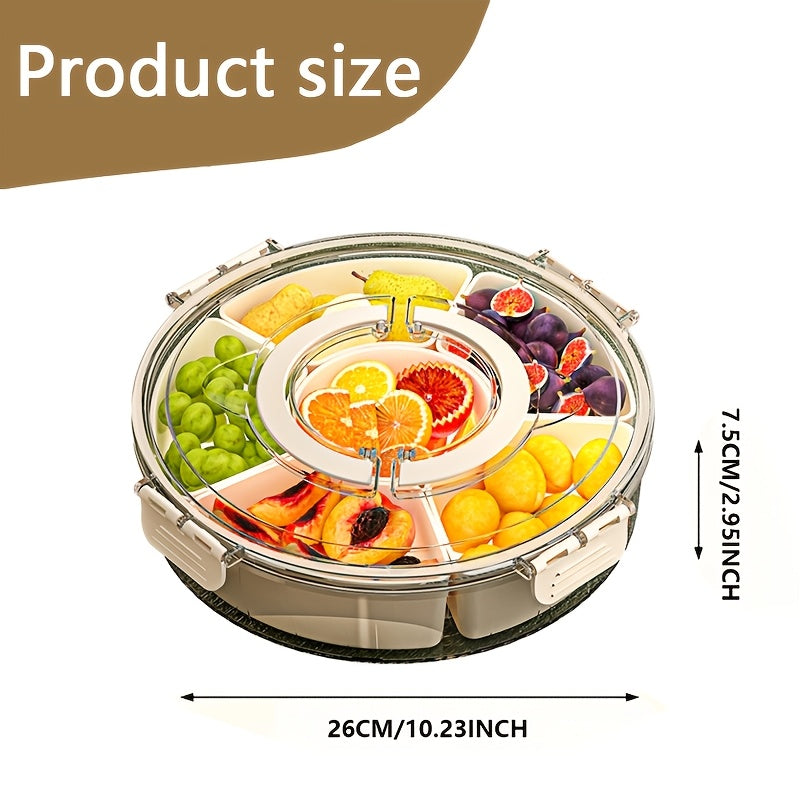 1pc HOOFUN Rotating Fruit and Vegetable Tray with Lid and Handle - Durable Plastic, Multi-Compartment Organizer for Kitchen Storage, Ideal for Snacks and Produce Display, Kitchen Organizers And Storage