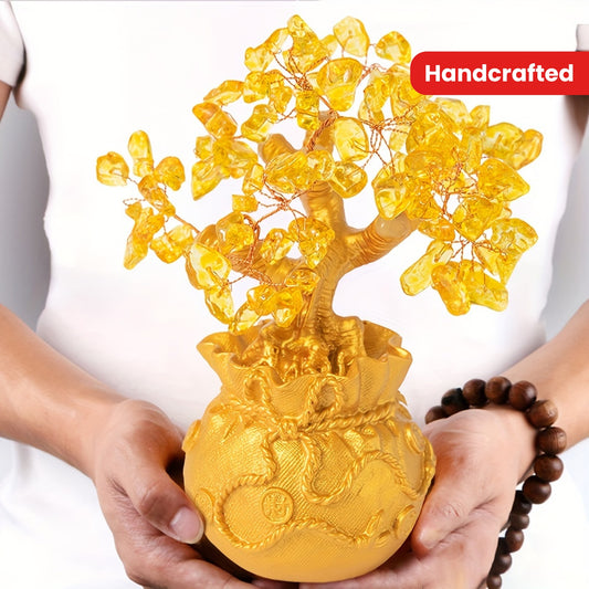 1pc Handcrafted Golden Crystal Money Tree in Intricate Pot - Prosperity & Wealth Attracting Decor, No Power Needed, Freestanding with Detailed Leaves for Home & Office