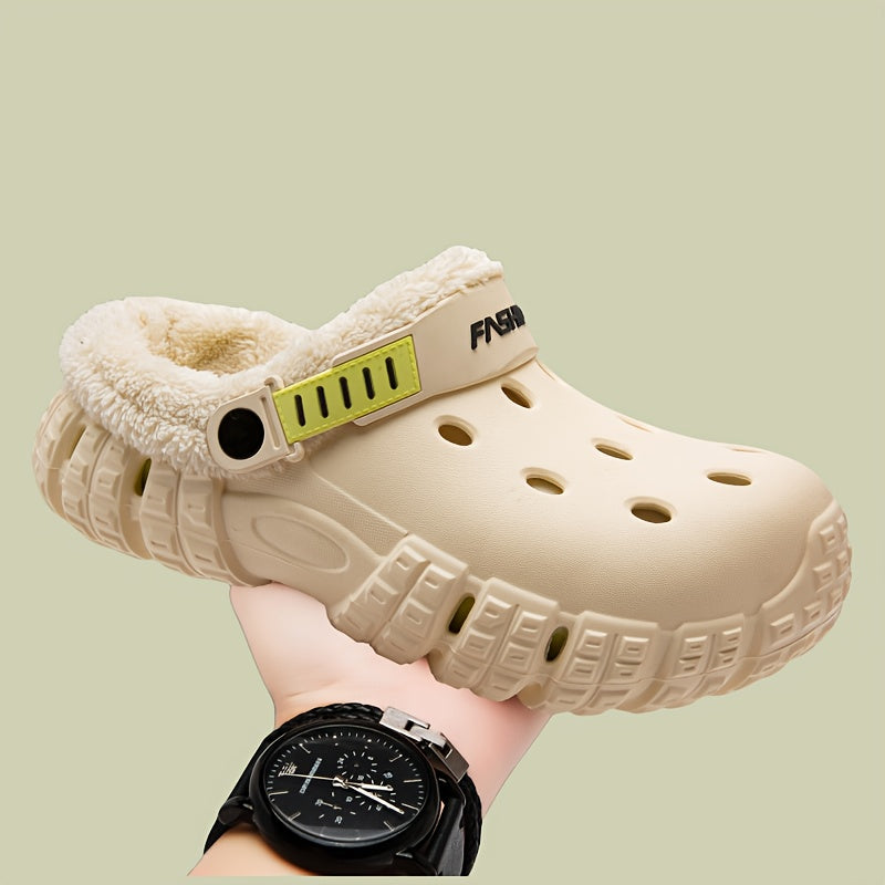 Unisex Winter Fleece-Lined Slip-On Clogs with Removable Plush Inner Lining, Non-Slip EVA Sole & Thick Insulation for Snow & Cold Weather - Beige Casual Shoes for Men and Women, Winter Shoes, Outdoor Footwear, Unique Tread Pattern, Durable Grip Footwear