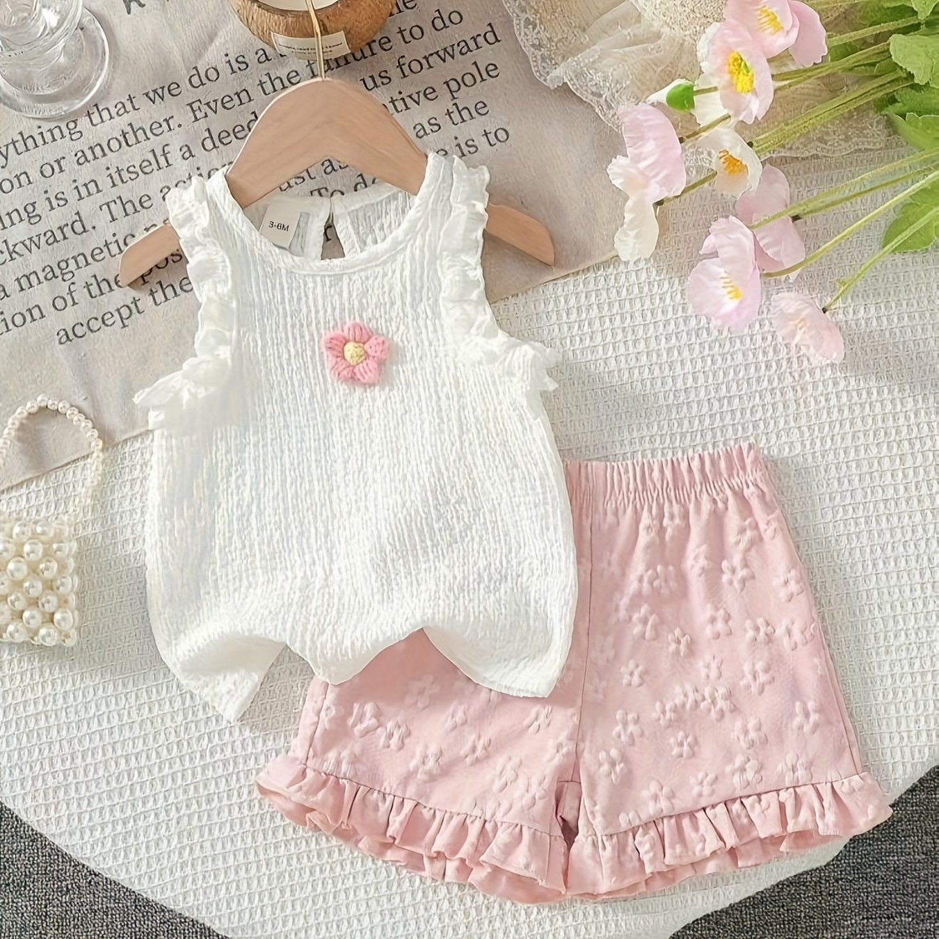 [2pcs Summer Set] 2pcs New Summer Cute Floral Lace Flower Tank Top and Shorts Set for Baby Girls P101596