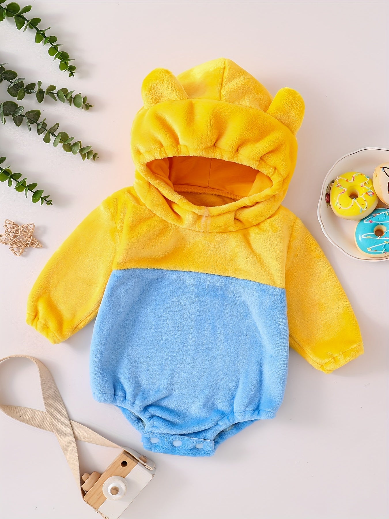 Baby's Cute Bear Character Themed Warm Fuzzy Hooded Long Sleeve Bodysuit, Toddler & Infant Girl's Onesie For Spring & Fall Outdoors