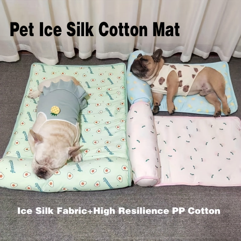 Cooling High-Resilience Pet Ice Dog Bed with Pillow - Breathable Non-Slip Square Dog Nest for Small Dogs, Machine Washable Fruit Pattern Design for Summer Comfort, Pet Beds for Dogs, Easyclean Material