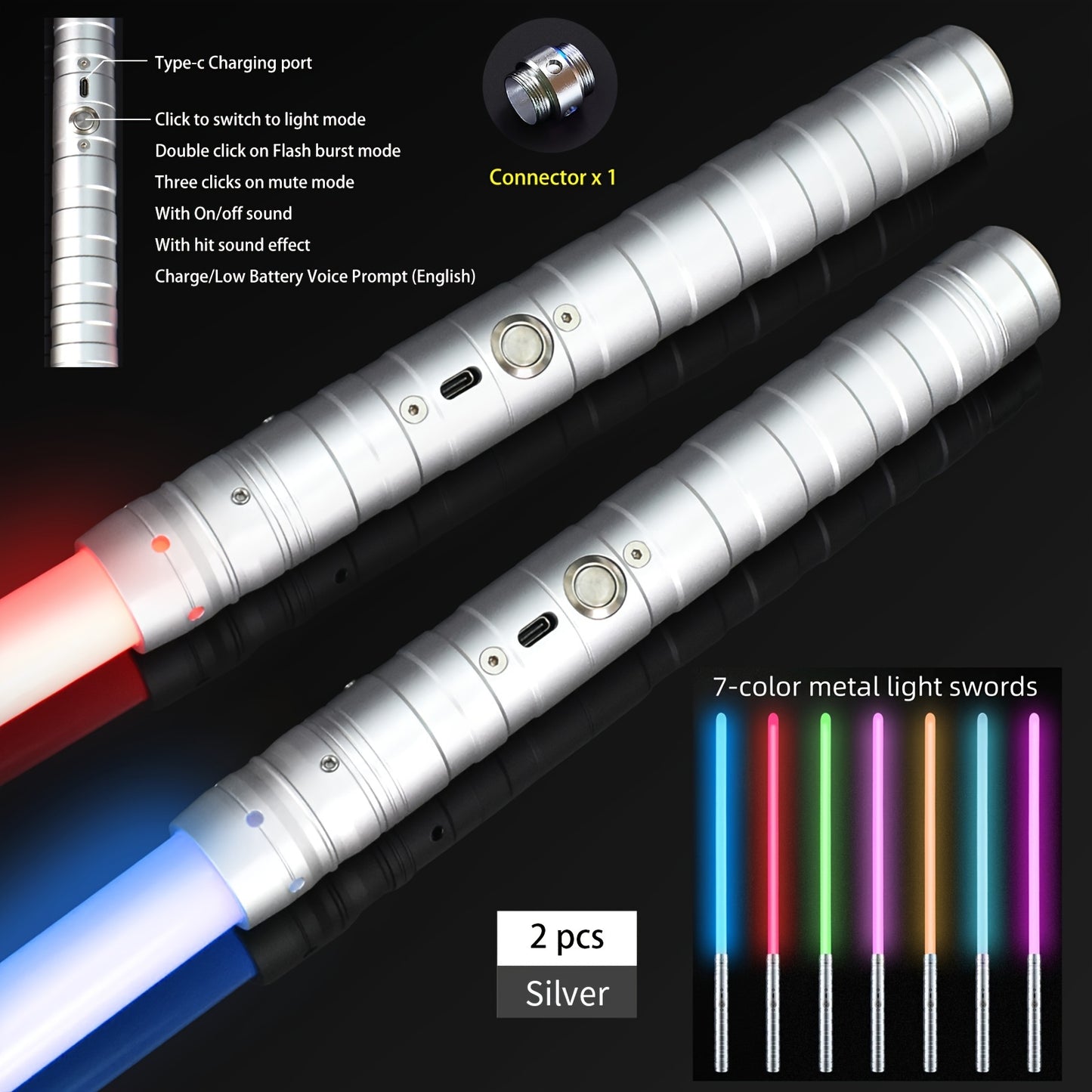 Upgraded Version of 7 Colors Metal Handle Light Sword, Rechargeable Battery, 2-In-1 with 3 Sound Effects, Cosuly Character Performance Props Suitable for Christmas And Halloween 1/2 Pack