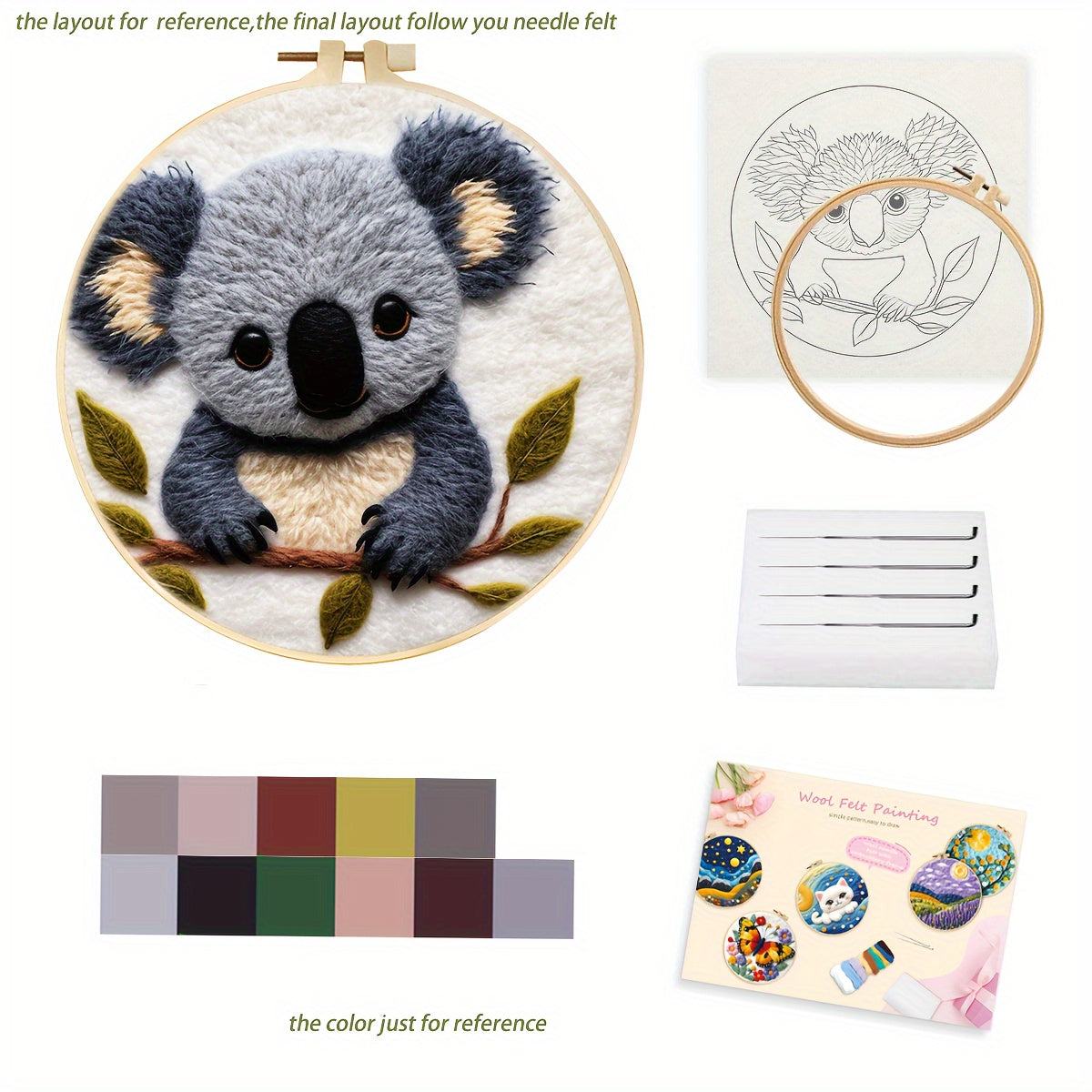 20Cm/7.87In Felt Koala Needle Felting Kit: DIY Fleece Felt Art with Hoop, Needles, Cloth, and Instruction Manual for Beginners and Home Decor