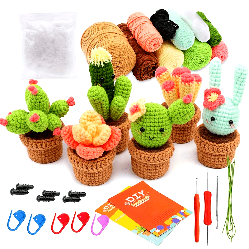 [Crochet Starter Kit] 6pcs Mixed Crochet Starter Kit - Crochet Kit for Beginners with Crochet Hooks, Yarn, Polyester Fiber, Stitch Markers, Plastic Eyes and Instructions