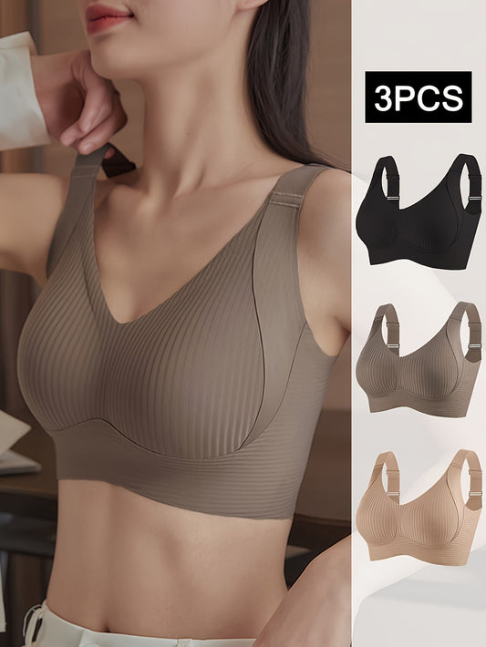 3pcs Women's Push-Up Bras Anti-Sagging Adjustable Comfort Seamless High Support Wire-Free with Removable Pads & Side Smoothing Striped Design - Breathable Soft Fabric for Casual Attire (Light Beige/White/Black), Comfortable Lingerie, Stylish Lingerie, Smo