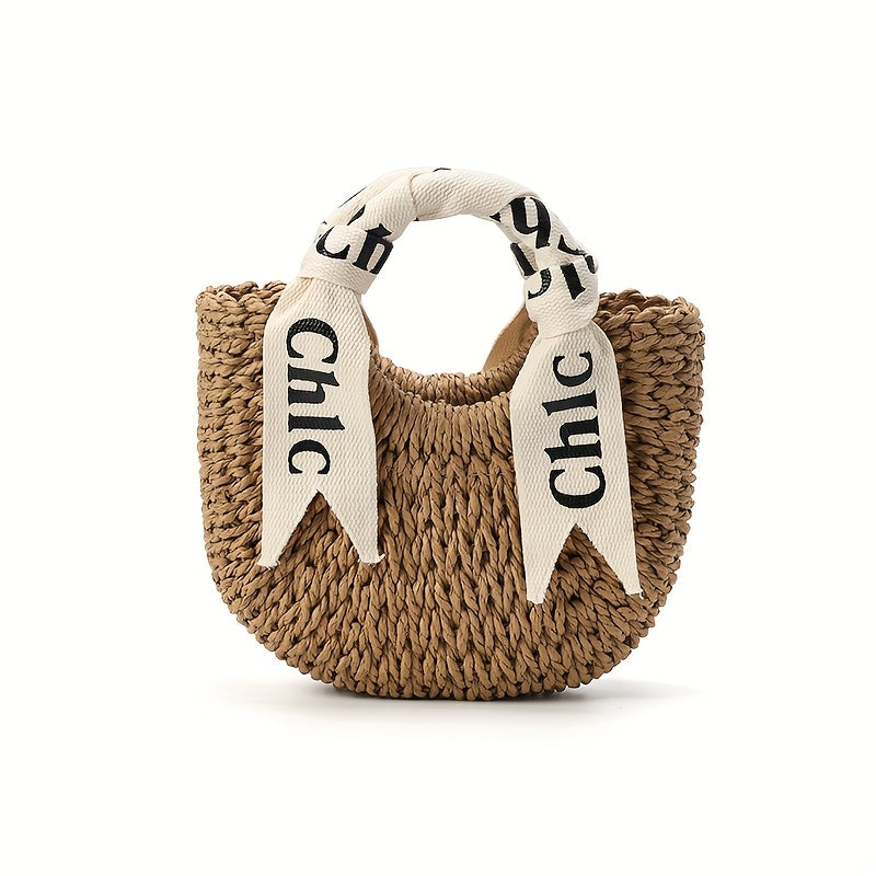 [Elegant Handbag] Elegant Straw Weaving Handbag | Simple and Stylish Women's Shoulder Bag Summer Beach Bag, Semi-Circular with Drawstring Closure, Casual Beach Tote