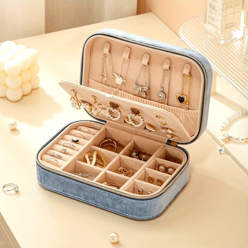 1pc Glam Style 3-Layer Velvet Jewelry Box with Zipper Closure - Multipurpose Rectangular Organizer with Necklace Hooks for Earrings, Necklaces, Rings, Watches, Hair Accessories - Ideal for Travel & Home Storage - Perfect for Christmas, New Year, Valentine