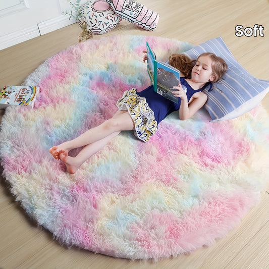 1 Pc Round Rainbow Fluffy Rug, Tie Dye Colorful Mats, Cute Floor Rug, Plush Round Children's Play Mat, Area Rugs, Soft Ang Fluggy Carpet Rugs For Bedroom, Living Room, Children's Room, room Decor, home Decor, 39.3in/47.2in/162.9in