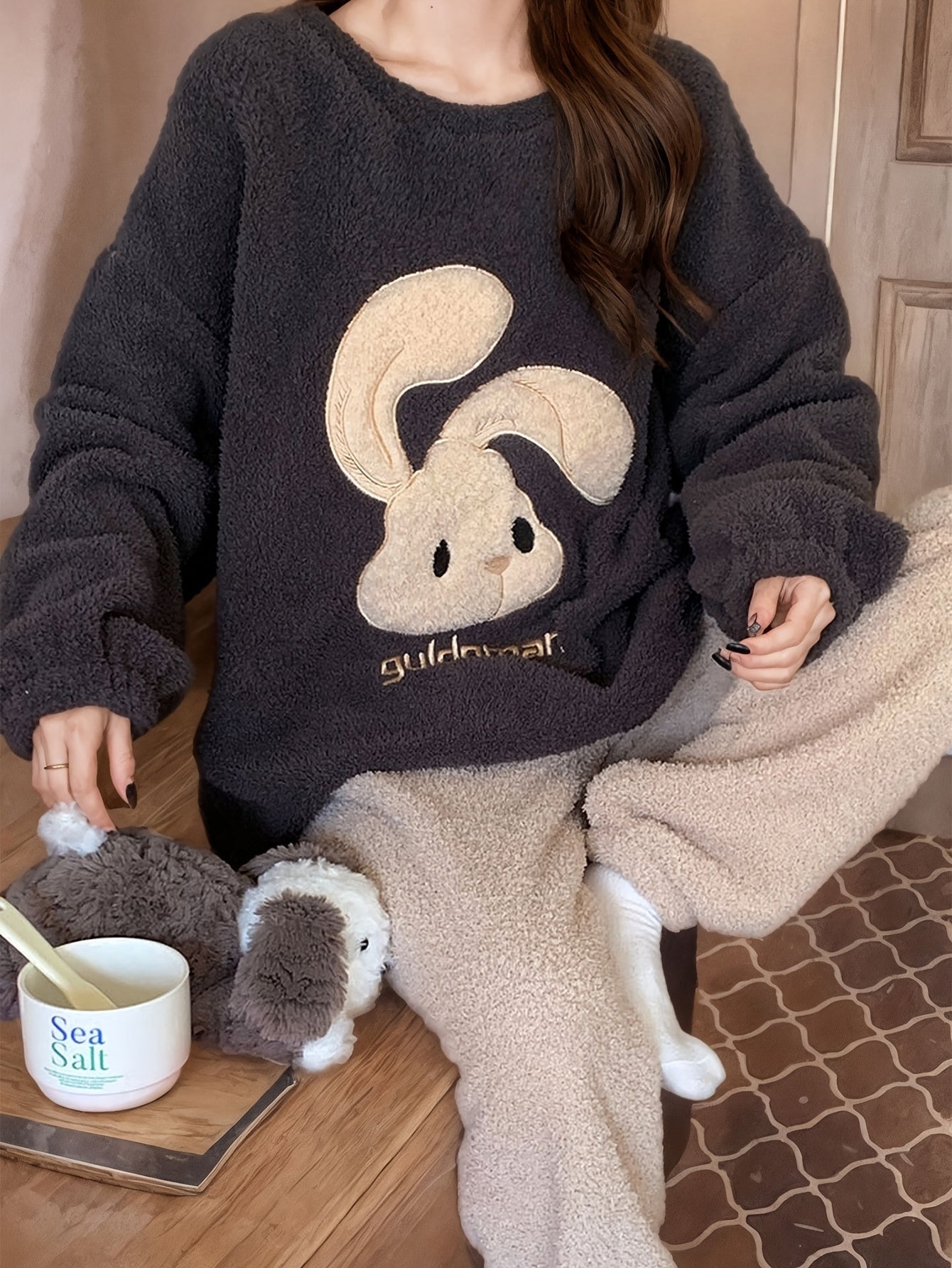 Thick Fleece Women's Lounge Set, Cute Bunny & Letter Pattern Long Sleeve Round Neck Top & Pants, Comfortable Relaxed Fit For Fall & Winter