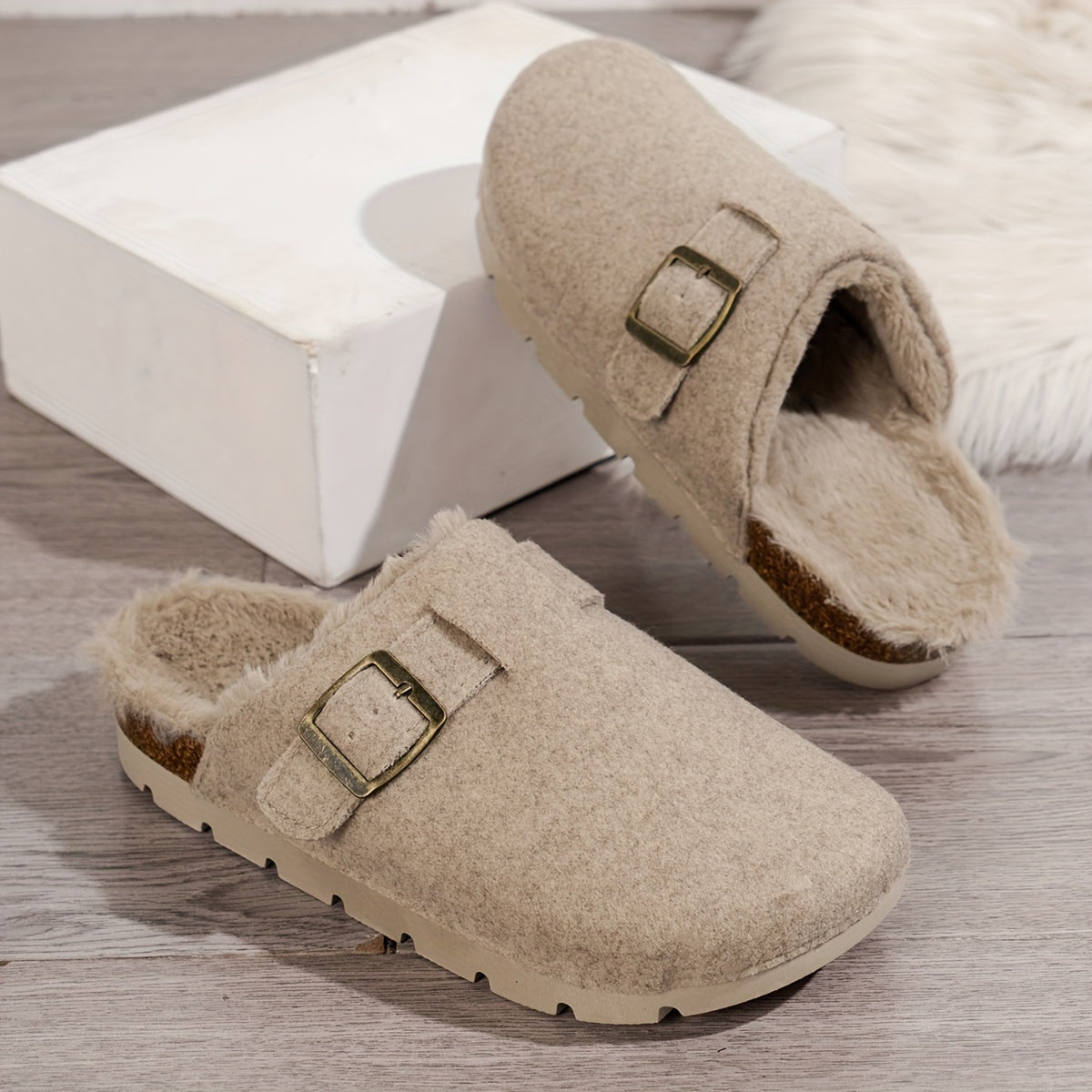 [Comfortable Fleece Slippers] Warm Fleece-Lined Slippers | Autumn and Winter Women's Fashion Casual Comfortable, Slip-on Thick Sole Half-Covered Heel Slides