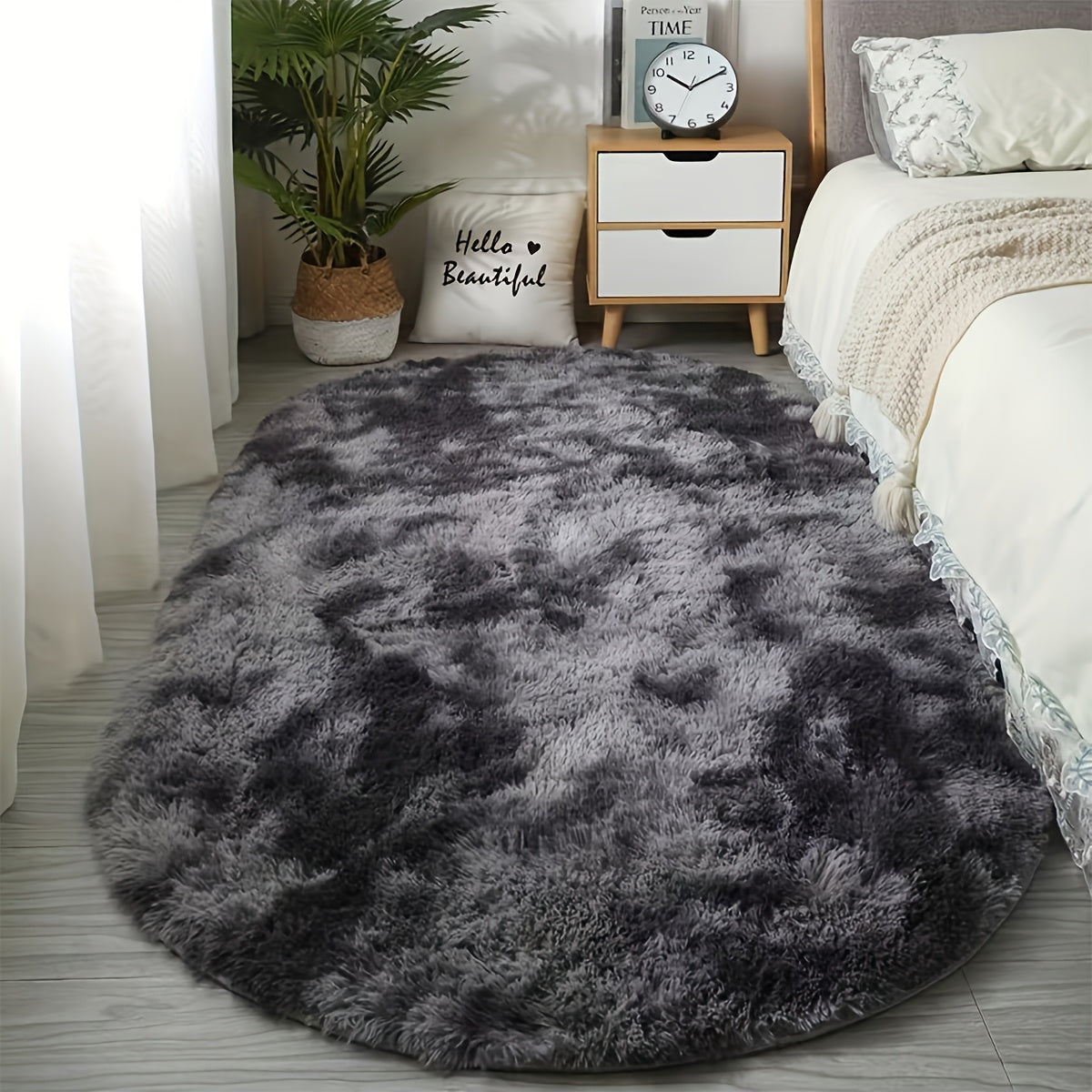 [Ultra-Soft] Oval Tie-Dye Plush Area Mat | Luxurious Faux Fur | Anti-Slip Backing, Stain & Absorbent | Living Room & Bedroom | Modern