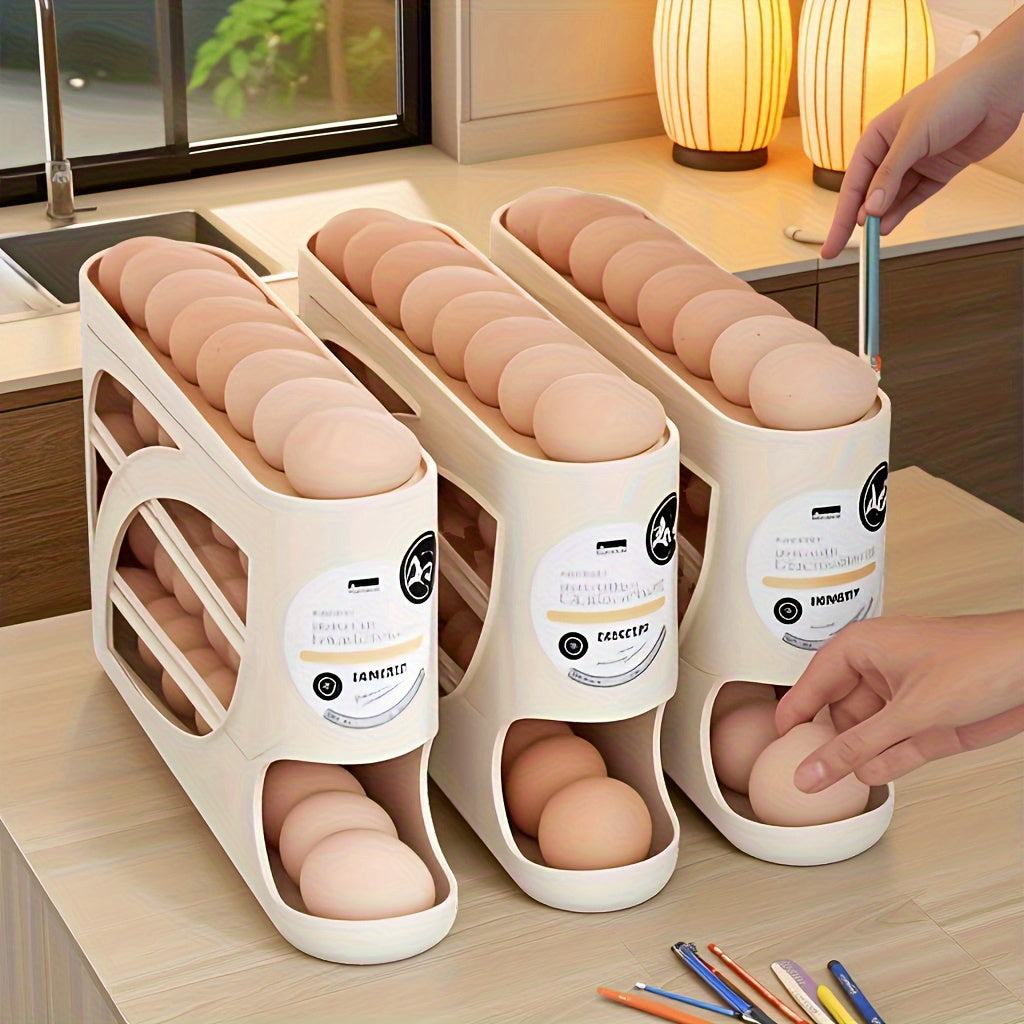 4-Tier Rolling Egg Holder - Space-Saving Side Door Design, Holds Up to 30 Eggs, Smooth Glossy Finish, Convenient Grip Handles, Ideal for Kitchen & Refrigerator Storage, Kitchen Organization | Modern Kitchen Accessory | Durable Plastic Holder,
