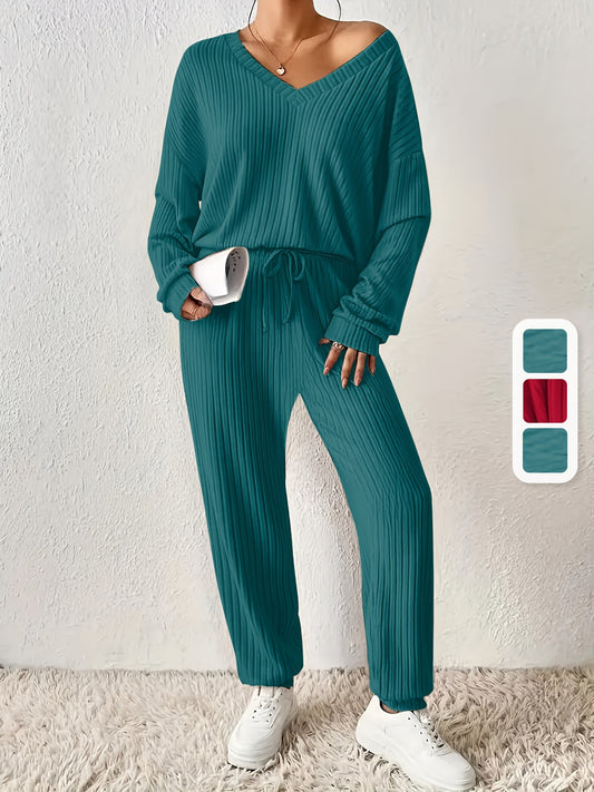 Stylish Solid Color Casual Long Sleeve Pantsuit for Women - V-Neck Ribbed Knit Top and Joggers Set, Perfect for Fall/Winter