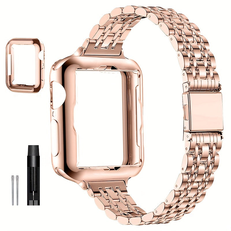 [Elegant Watch Band] Gold-Plated Stainless Steel 1pc Watch Band | Foldover Clasp and Protective Case for Apple Watch, Compatible with iWatch Series 1-9/SE/SE2, Elegant Women's Wristband Accessory