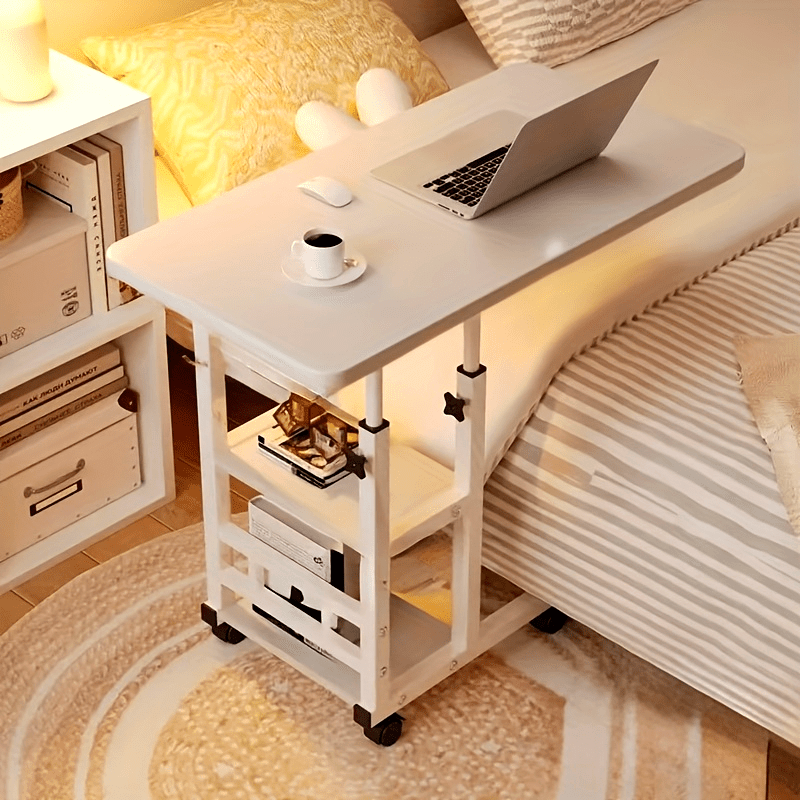 Under 3.2 Cubic Feet Closed Storage Adjustable Height Overbed Table, Wooden Mobile Desk with Storage Shelves, No Electricity Required, Weather-Independent, Less Than 27 Inches Tall, for Home, Bedroom, Dorm, Laptop Stand, Desk & Drawer Organizer