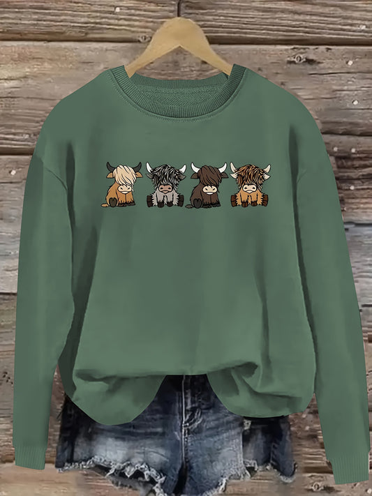 Women's Casual Long Sleeve Round Neck Sweatshirt - Cute Cartoon Cow Print Pullover, Cozy Beige Fall Winter Top, Machine Washable Regular Fit, Autumn Apparel, Comfortable Wear
