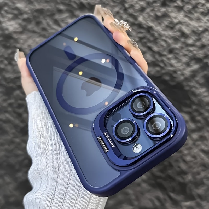 Simplified Magnetic Metal Frame Lens Protective Film/Bracket Three In One Phone Case Suitable for iPhone 16 16pro 16proMax 15 15Pro 15ProMax 14 14Pro 14ProMax 13 13Pro 13ProMax 12 12Pro 12ProMax 11 Acrylic Anti Drop Hard Shell Protective Case