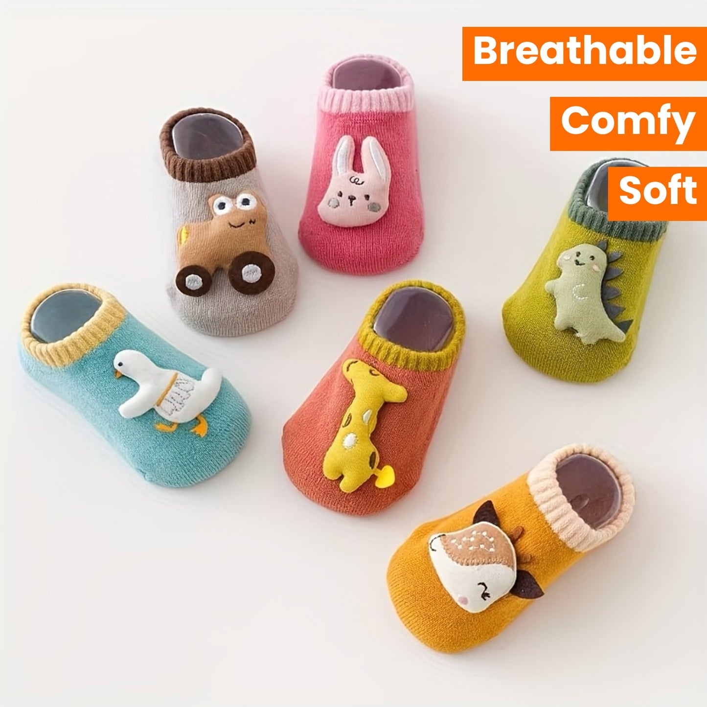 3 Pairs Of Baby Boy's Cartoon Animal Dino Decor Bottom Rubber Non-slip Sports Socks, Comfy Breathable Soft Socks For Babies Wearing