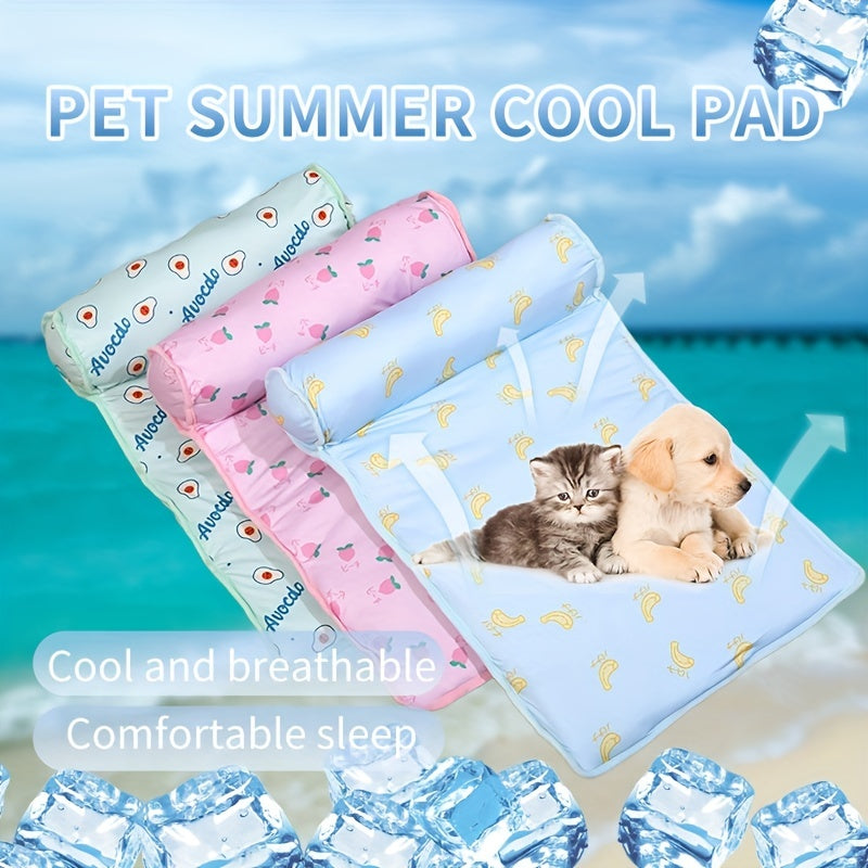 Cooling High-Resilience Pet Ice Dog Bed with Pillow - Breathable Non-Slip Square Dog Nest for Small Dogs, Machine Washable Fruit Pattern Design for Summer Comfort, Pet Beds for Dogs, Easyclean Material