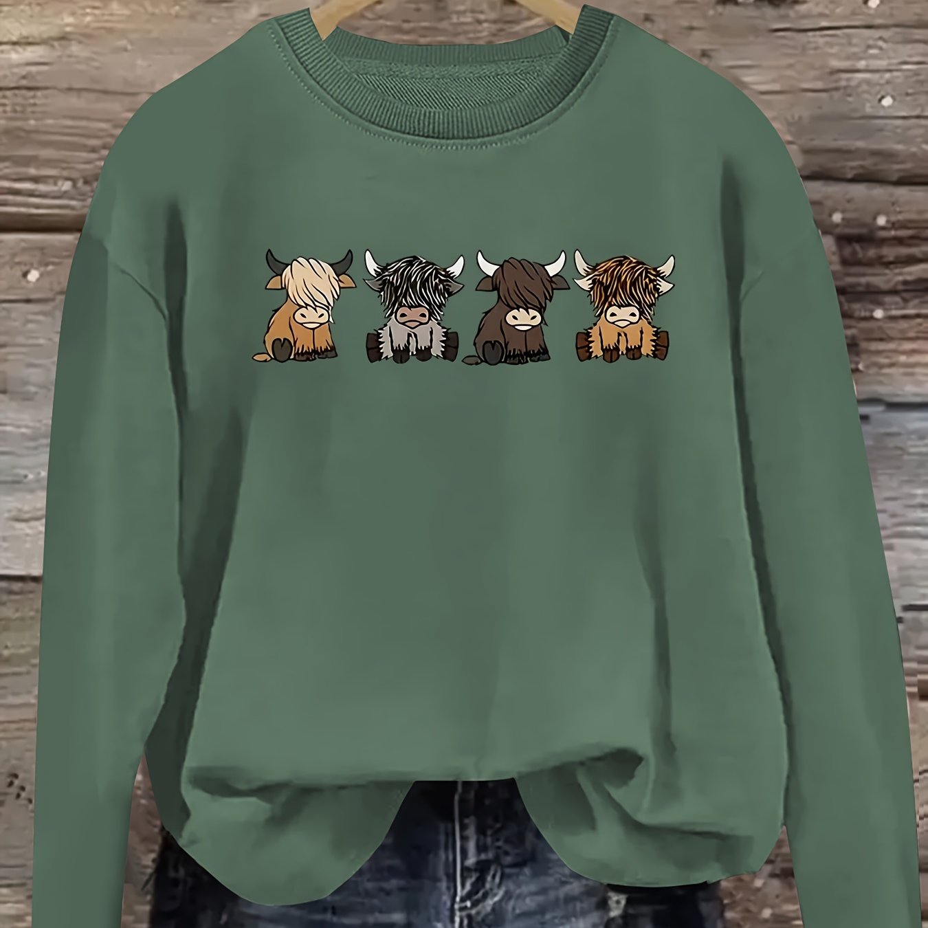 Women's Casual Long Sleeve Round Neck Sweatshirt - Cute Cartoon Cow Print Pullover, Cozy Beige Fall Winter Top, Machine Washable Regular Fit, Autumn Apparel, Comfortable Wear