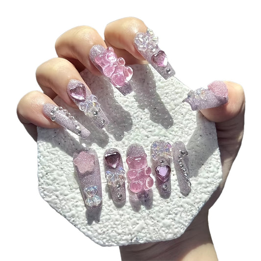 [Cute Handmade Nails] 10pcs Handmade Cartoon Nails | Cute Bow Bear Star Twinkling Nail Art, Wear Nails with 1 Jelly Sticker + 1 Sticker + 1 Nail File - No Glue