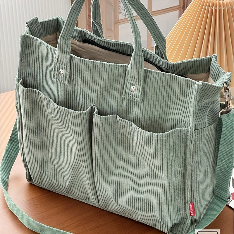 [Multi-Pocket Corduroy Tote Bag] Chic Corduroy Tote Bag for Women - Multi-Pocket, Thickened Design with Striped Pattern, Black | Casual & Artistic Crossbody Shoulder Handbag, Harajuku, Autumn Winter, Student