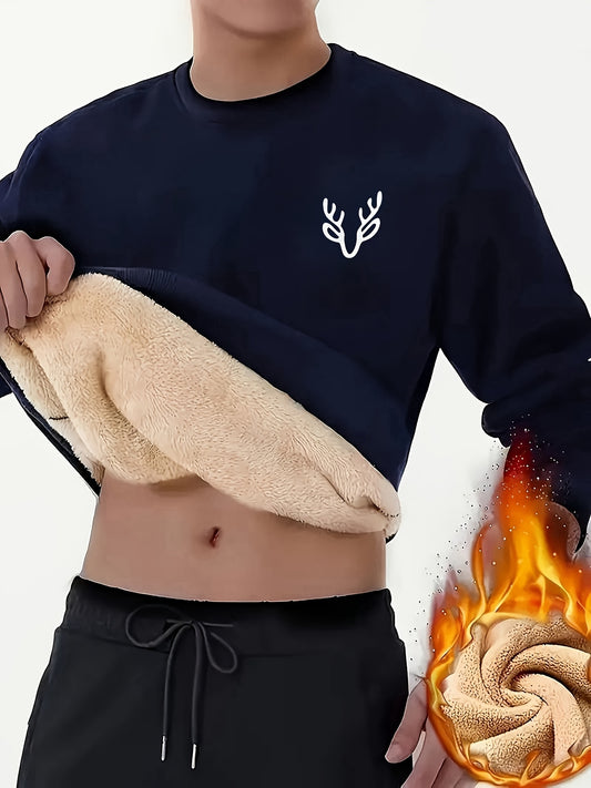 Men's Thermal Fleece-Lined Thickened Long Sleeve Sweatshirt - Maroon Animal Print Casual Round Neck Pullover, Machine Washable Winter Warm Top for Outdoor Sports & Casual Attire